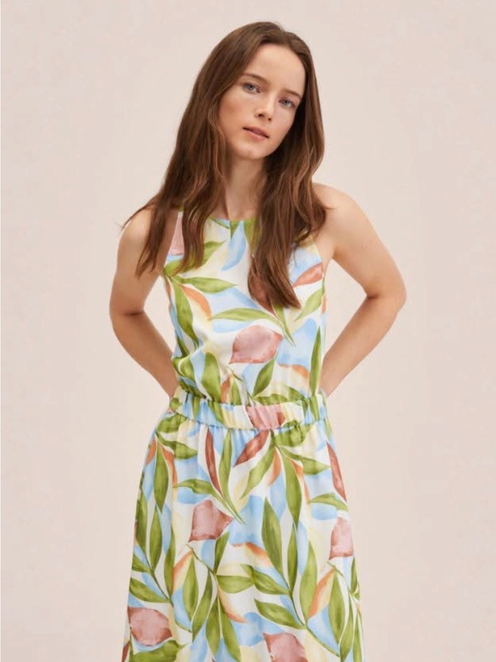 Mango Leaf-Print Sleeveless Dress in Green, Blue & Pink